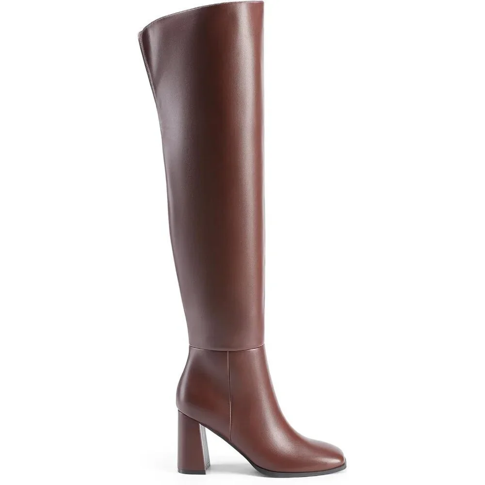 Women's Brown Faux Leather Thigh High Block Chunky Heeled Knee High Long Boots